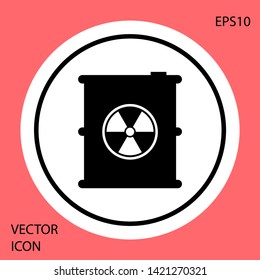 Black Radioactive waste in barrel icon isolated on red background. Toxic refuse keg. Radioactive garbage emissions, environmental pollution. White circle button. Vector Illustration