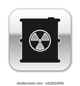 Black Radioactive waste in barrel icon isolated on white background. Toxic refuse keg. Radioactive garbage emissions, environmental pollution. Silver square button. Vector Illustration