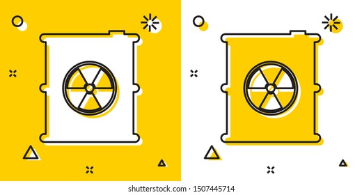 Black Radioactive waste in barrel icon isolated on yellow and white background. Toxic refuse keg. Radioactive garbage emissions, environmental pollution. Random dynamic shapes. Vector Illustration