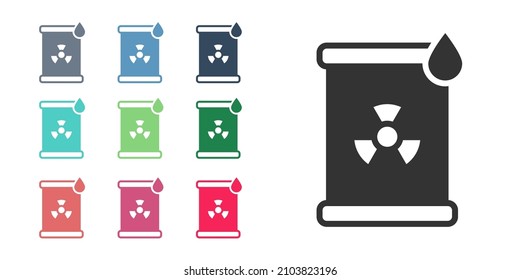 Black Radioactive waste in barrel icon isolated on white background. Toxic refuse keg. Radioactive garbage emissions, environmental pollution. Set icons colorful. Vector