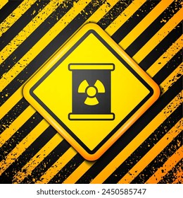 Black Radioactive waste in barrel icon isolated on yellow background. Toxic refuse keg. Radioactive garbage emissions, environmental pollution. Warning sign. Vector