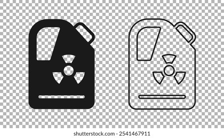 Preto Resíduos radioativos em ícone de barril isolado em fundo transparente. Barril de lixo tóxico. Emissões radioativas de lixo, poluição ambiental.  Vetor