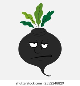 Black radish. Cartoon character. Face, eyes. Emotions: sad, angry, dissatisfied facial expression. Food, vegetables. Illustration. Isolated object.