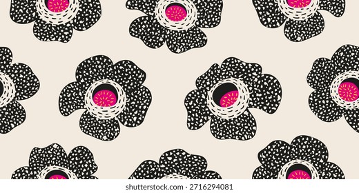 Black rafflesia flower pattern with exotic motifs. Indonesian rainforest flower pattern. Design for fabric, decor, wrapping, textile, wall art.