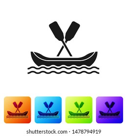 Black Rafting boat icon isolated on white background. Kayak with paddles. Water sports, extreme sports, holiday, vacation, team building. Set icons in color square buttons. Vector Illustration