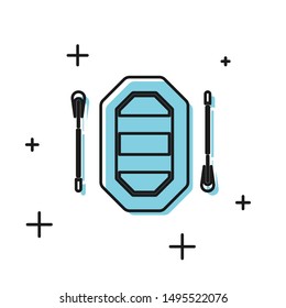 Black Rafting boat icon isolated on white background. Inflatable boat with paddles. Water sports, extreme sports, holiday, vacation.  Vector Illustration