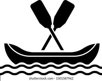 Black Rafting boat icon isolated on white background. Kayak with paddles. Water sports, extreme sports, holiday, vacation, team building.  Vector Illustration