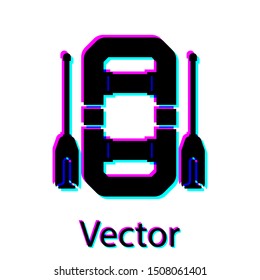 Black Rafting boat icon isolated on white background. Inflatable boat with oars. Water sports, extreme sports, holiday, vacation, team building.  Vector Illustration