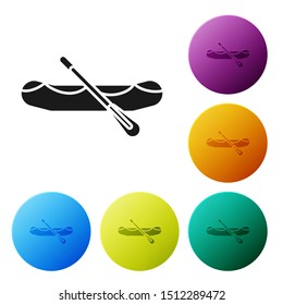 Black Rafting boat icon isolated on white background. Inflatable boat with paddles. Water sports, extreme sports, holiday, vacation. Set icons colorful circle buttons. Vector Illustration