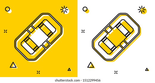 Black Rafting boat icon isolated on yellow and white background. Inflatable boat. Water sports, extreme sports, holiday, vacation, team building. Random dynamic shapes. Vector Illustration