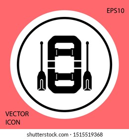 Black Rafting boat icon isolated on red background. Inflatable boat with oars. Water sports, extreme sports, holiday, vacation, team building. White circle button. Vector Illustration