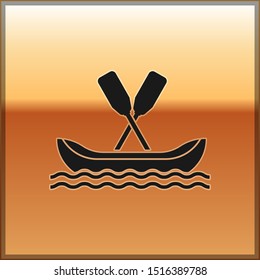 Black Rafting boat icon isolated on gold background. Kayak with paddles. Water sports, extreme sports, holiday, vacation, team building.  Vector Illustration