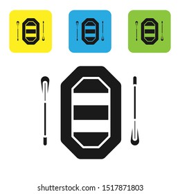 Black Rafting boat icon isolated on white background. Inflatable boat with paddles. Water sports, extreme sports, holiday, vacation. Set icons colorful square buttons. Vector Illustration