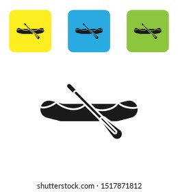 Black Rafting boat icon isolated on white background. Inflatable boat with paddles. Water sports, extreme sports, holiday, vacation. Set icons colorful square buttons. Vector Illustration