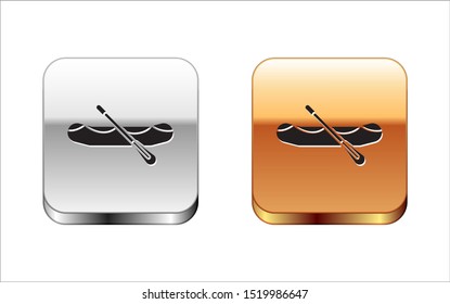 Black Rafting boat icon isolated on white background. Inflatable boat with paddles. Water sports, extreme sports, holiday, vacation. Silver-gold square button. Vector Illustration
