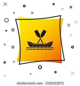 Black Rafting boat icon isolated on white background. Kayak with paddles. Water sports, extreme sports, holiday, vacation, team building. Yellow square button. Vector Illustration