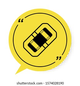 Black Rafting boat icon isolated on white background. Inflatable boat. Water sports, extreme sports, holiday, vacation, team building. Yellow speech bubble symbol. Vector Illustration