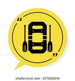 Black Rafting boat icon isolated on white background. Inflatable boat with oars. Water sports, extreme sports, holiday, vacation, team building. Yellow speech bubble symbol. Vector Illustration