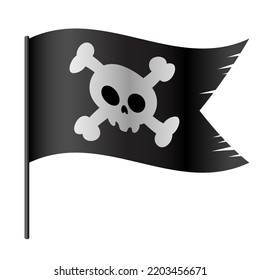 Black ragged pirate flag with skull and bones. Raider ship pennant with crossed bones and skull illustration. Black marine robber banner.