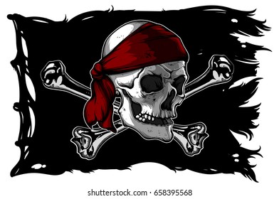 Black ragged pirate flag with skull and bones