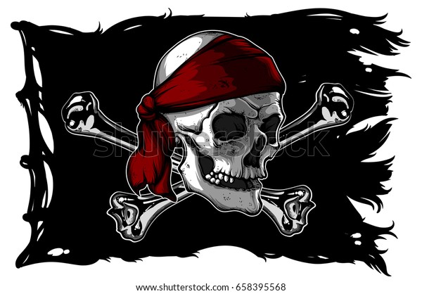 Black ragged
pirate flag with skull and
bones