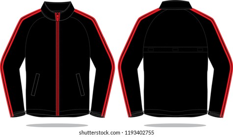 Black Raglan Sleeve Jacket With Double Red Tapes Design On Sleeves.Front ฟnd Back View.