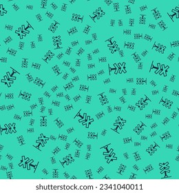 Black Railroad crossing icon isolated seamless pattern on green background. Railway sign.  Vector