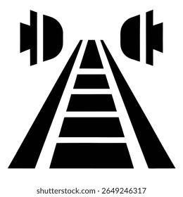 Black railroad tracks converge and disappear into two dark tunnel openings, creating a stark graphic representation of passage and perspective.
