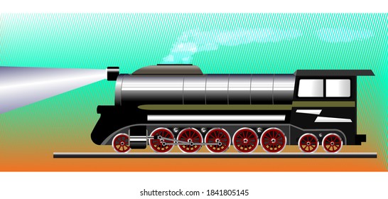 Black railroad transport. Vintage running steam locomotive with white smoke. Eps10