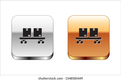 Black Railway carriage icon isolated on white background. Silver-gold square button. Vector Illustration