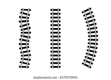Black railway tracks in straight, wavy, and curved designs, symbolizing transportation and infrastructure