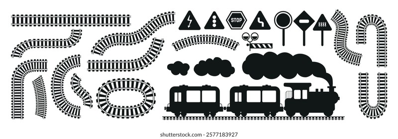 Black railway tracks and train. Isolated trains paths, flat transportation and road elements. Railroads curved straight, traffic signs. Transport vector silhouettes set