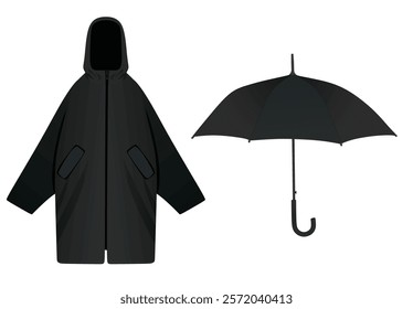 Black  rain coat and umbrella. vector illustration