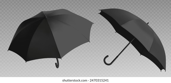 Black rain protection umbrella mockup side and back view for branding promotion. Realistic 3d vector set of blank open automatic parasol with handle template in different angles. Weather accessory.