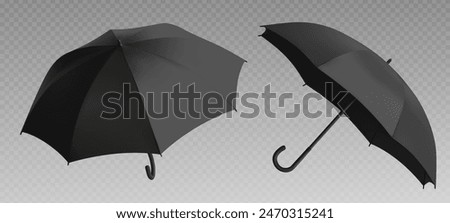 Black rain protection umbrella mockup side and back view for branding promotion. Realistic 3d vector set of blank open automatic parasol with handle template in different angles. Weather accessory.