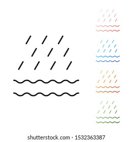 Black Rain and waves icon isolated on white background. Rain cloud precipitation with rain drops. Set icons colorful. Vector Illustration