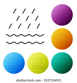Black Rain and waves icon isolated on white background. Rain cloud precipitation with rain drops. Set icons colorful circle buttons. Vector Illustration