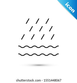 Black Rain and waves icon isolated on white background. Rain cloud precipitation with rain drops.  Vector Illustration