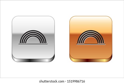 Black Rainbow with clouds icon isolated on white background. Silver-gold square button. Vector Illustration