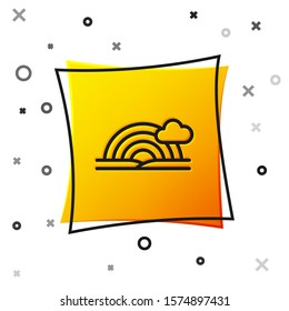 Black Rainbow with clouds icon isolated on white background. Yellow square button. Vector Illustration