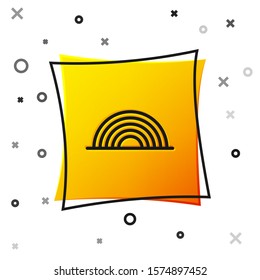 Black Rainbow with clouds icon isolated on white background. Yellow square button. Vector Illustration