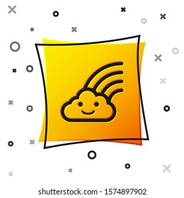 Black Rainbow with clouds icon isolated on white background. Yellow square button. Vector Illustration