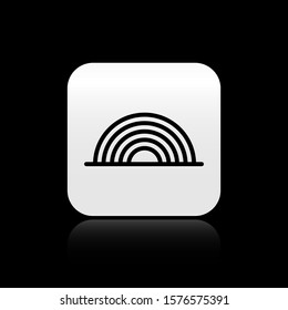 Black Rainbow with clouds icon isolated on black background. Silver square button. Vector Illustration