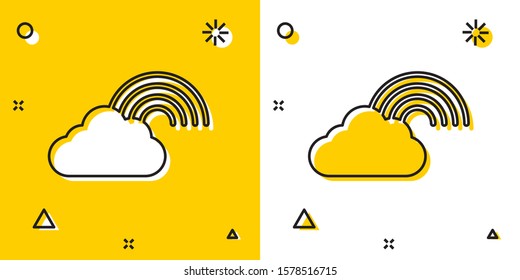 Black Rainbow with clouds icon isolated on yellow and white background. Random dynamic shapes. Vector Illustration