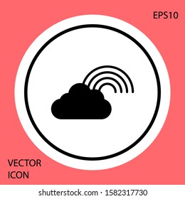 Black Rainbow with clouds icon isolated on red background. White circle button. Vector Illustration