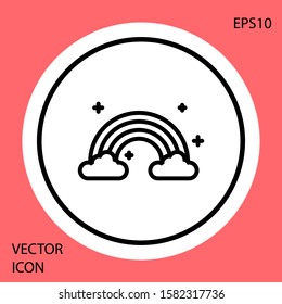 Black Rainbow with clouds icon isolated on red background. White circle button. Vector Illustration