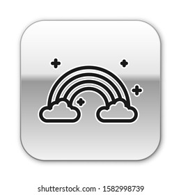 Black Rainbow with clouds icon isolated on white background. Silver square button. Vector Illustration