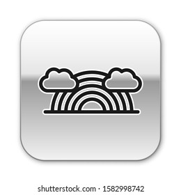Black Rainbow with clouds icon isolated on white background. Silver square button. Vector Illustration