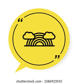 Black Rainbow with clouds icon isolated on white background. Yellow speech bubble symbol. Vector Illustration