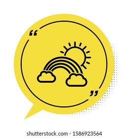 Black Rainbow with clouds and sun icon isolated on white background. Yellow speech bubble symbol. Vector Illustration